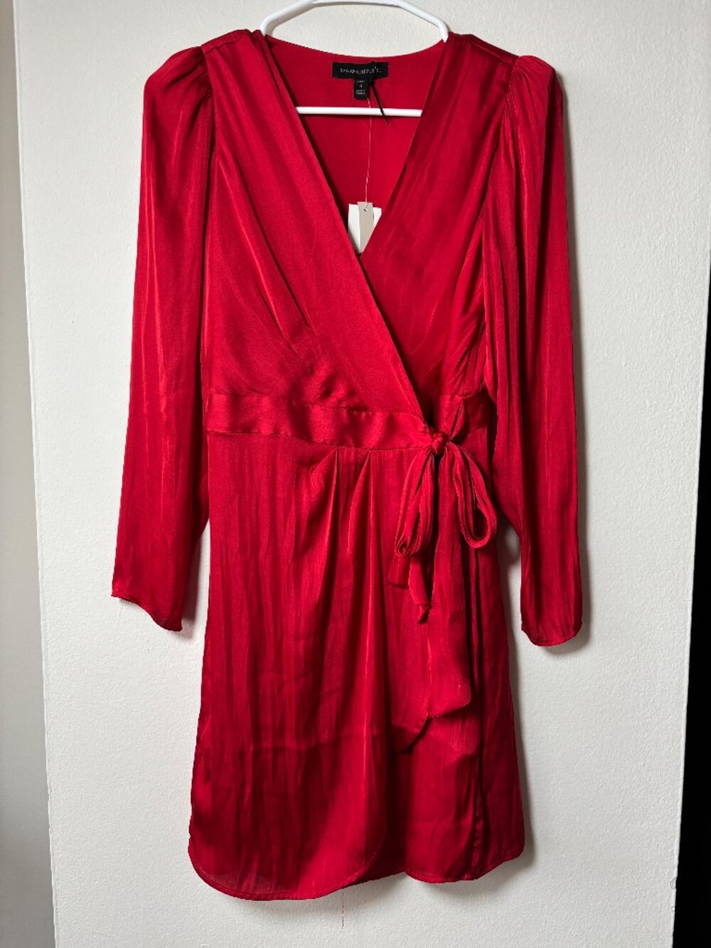 Banana Republic Red Satin Cros Front Long Sleeve Dress - Size 4 Petite - NWT